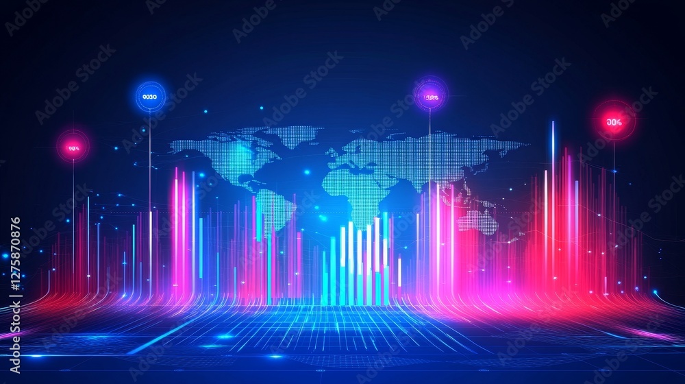 Poster global network blue and red lines represent data flow across world map on technological background