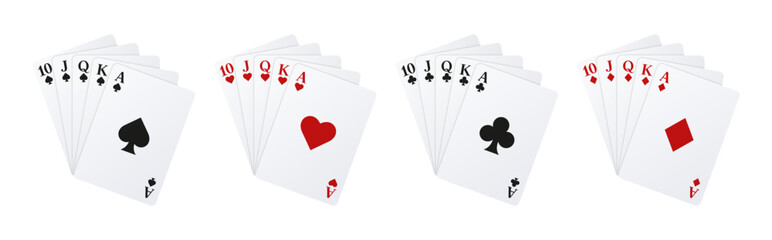 Сard fans Royal flush. Playing cards of Spades, Hearts, Diamonds and Clubs