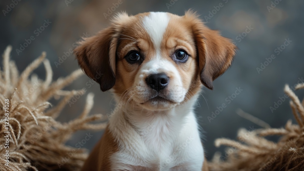 Poster adorable puppy portrait with soft focus and empty space for personalized text or message in a warm a