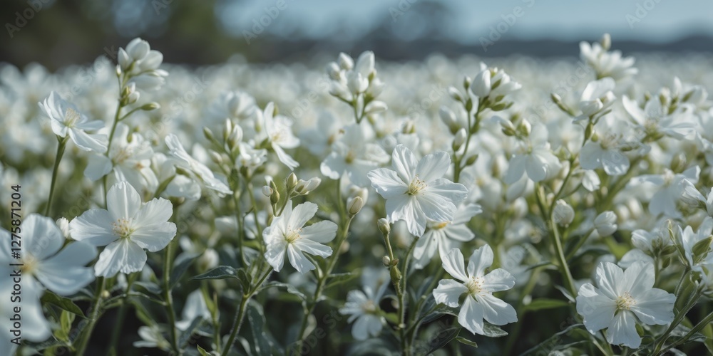 Poster white flower field in bloom with bright soft focus and ample space for text overlay