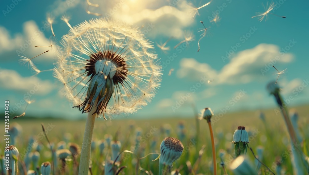 Poster dandelion seed head blowing in the wind with a clear blue sky and sunshine in natural field setting 