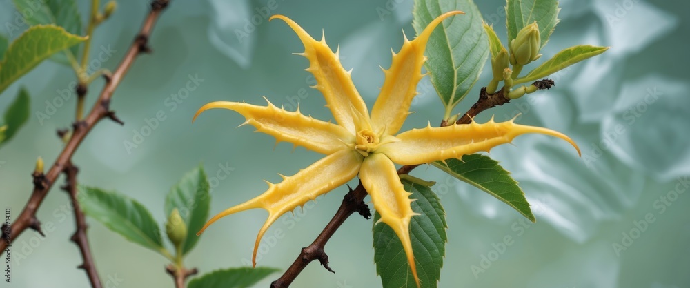 Poster vibrant yellow thorny flower on a branch with soft green background and ample space for text or bran