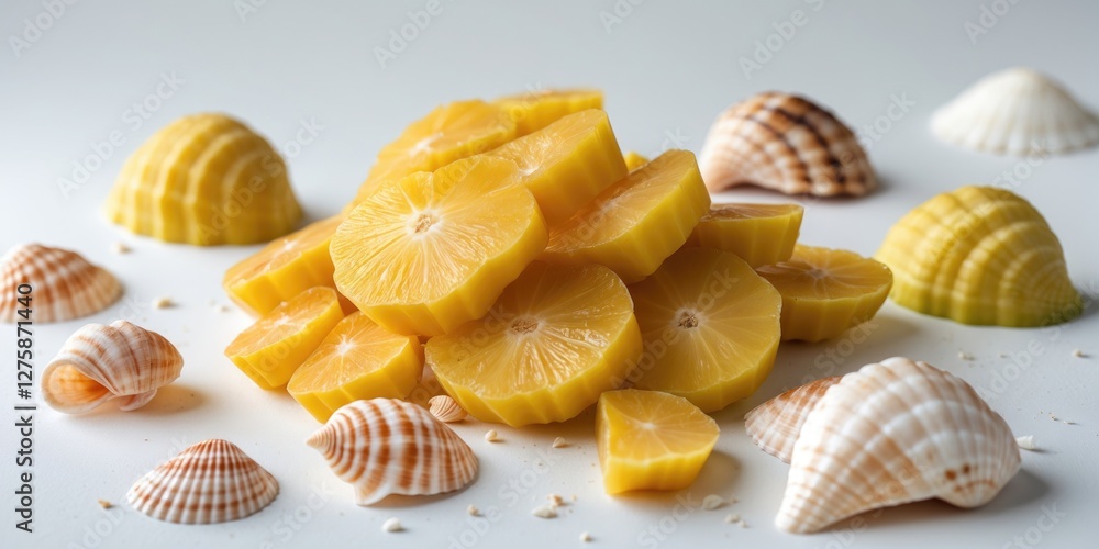 Poster sliced carambola fruit and seashells arranged on a white background with space for text or design el