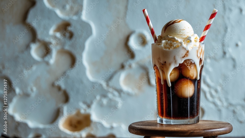 Poster refreshing cola float topped with creamy ice cream and served in a glass with striped straws on a wo