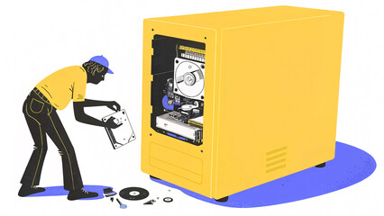 old and obsolete computer person working on ancient computer tower, showcasing internal components and tools. vibrant yellow color adds playful touch to scene