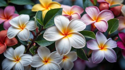 Naklejka premium Beautiful Plumeria Flowers in Various Colors Showcasing Their Vibrant Blooms and Lush Green Leaves in a Nature Setting