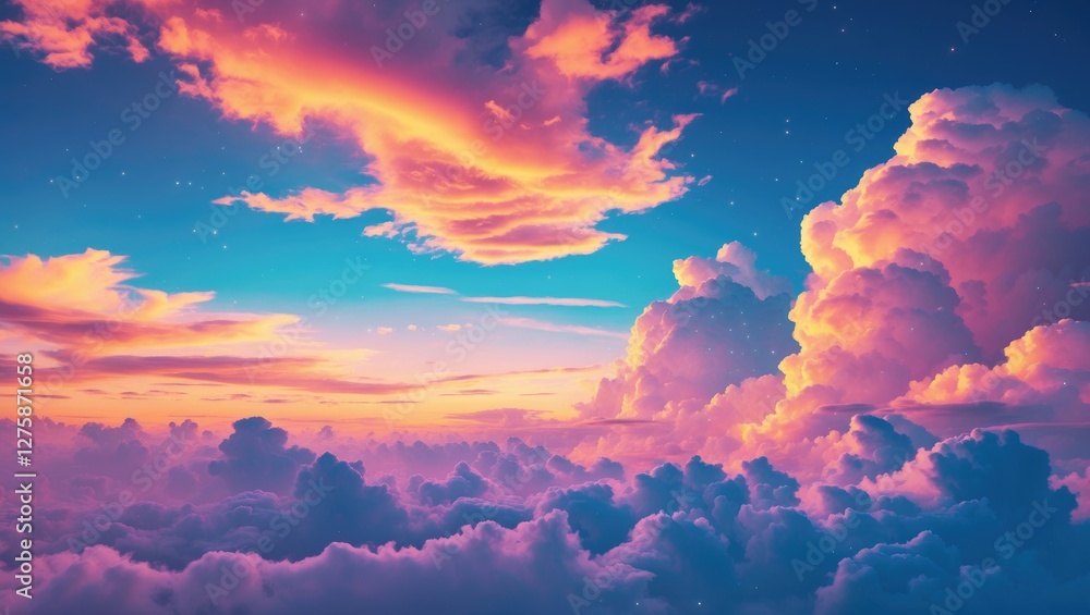 Poster vibrant sunset sky with fluffy clouds providing ample space for text or graphics ideal for backgroun