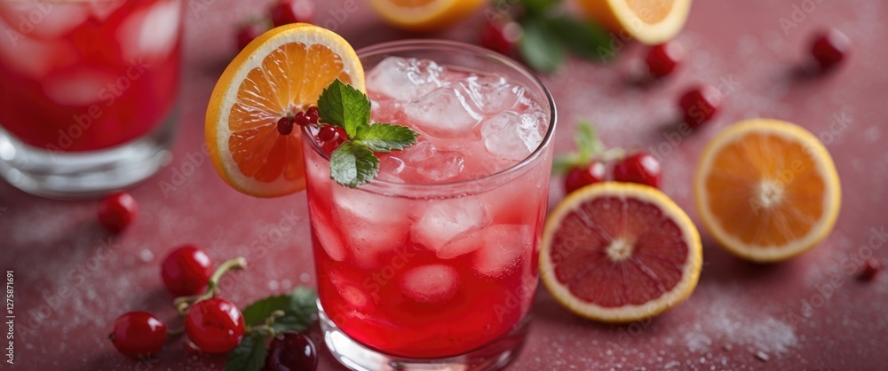 Poster refreshing red cocktail with citrus garnish and ice cubes on a rustic background