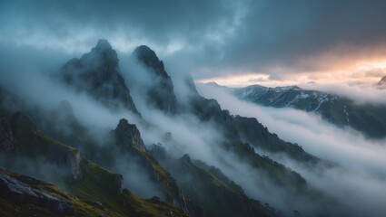 Fototapeta premium Misty Mountain Peaks Enveloped in Clouds Creating an Atmospheric Scene Ideal for Text Overlay