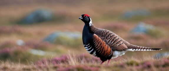 Red Grouse Strutting Elegantly Across Moorland Habitat Surrounded by Heather and Boulders Under Soft Natural Light