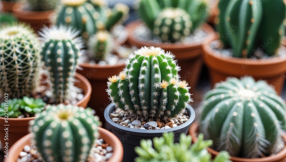 Poster mini cactus plants in terracotta pots with close-up view and blank space for custom text or messagin