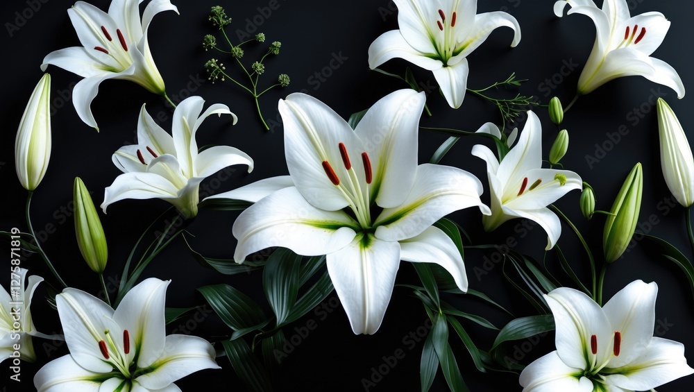 Poster elegant white lily flowers arrangement on a black background with minimalist design and ample space 