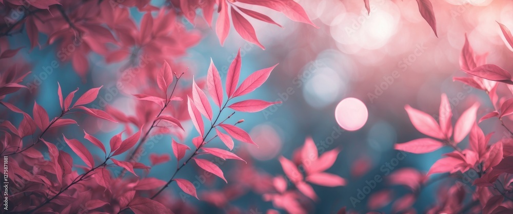Poster vibrant pink leaf background with soft blurs and circular bokeh effects ideal for abstract design an