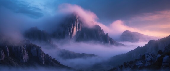Majestic Mountain Landscape Shrouded in Fog With Soft Light and Space for Text Overlays