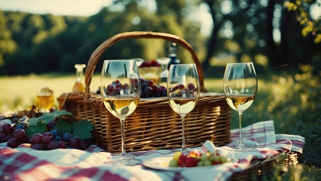 Elegant picnic setting featuring wine glasses, a wicker hamper, and fresh fruits on a checkered blanket in a lush outdoor landscape.