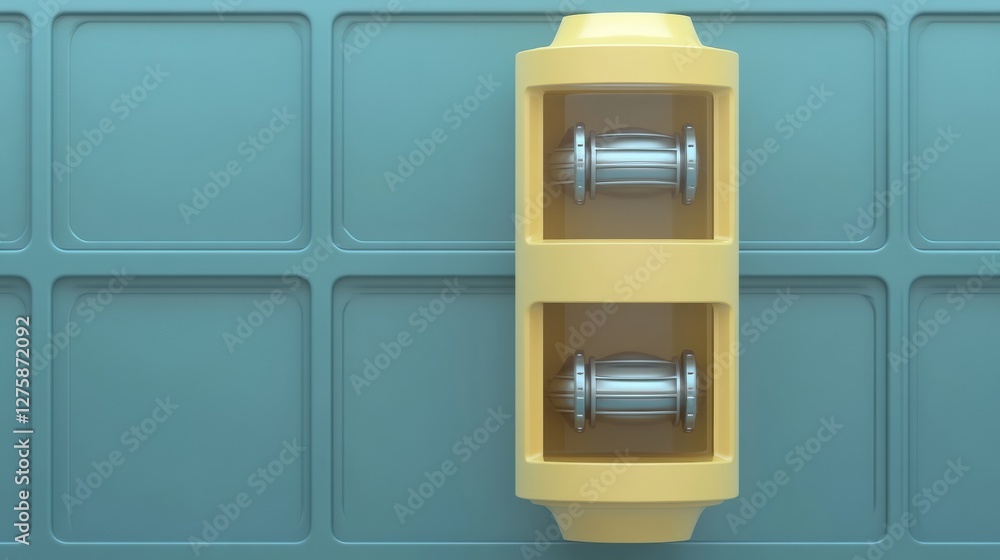 Aufkleber abstract yellow cylindrical container with metallic objects on teal grid
