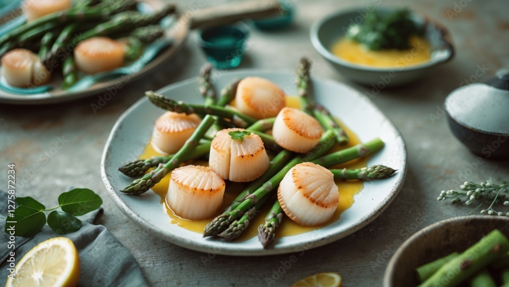 Poster delicious scallops served with fresh asparagus on a stylish plate featuring empty space for text in 