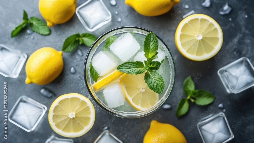 Poster fresh lemonade drink with mint and ice overhead view of citrus refreshment on dark background with c