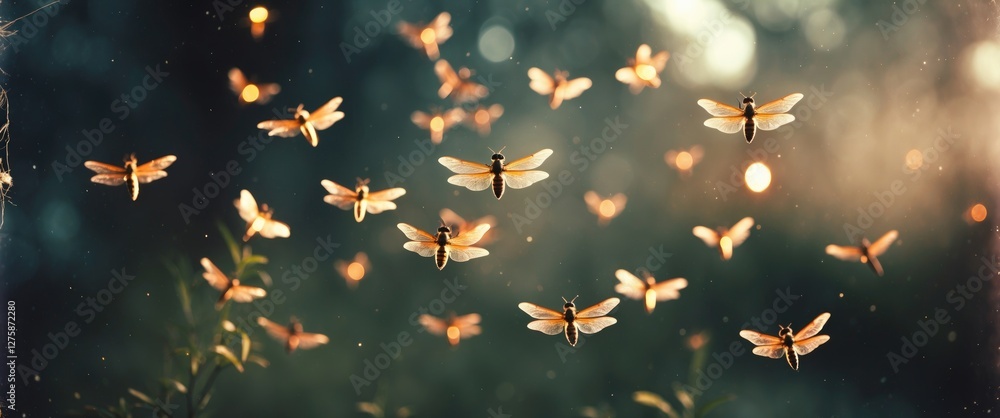 Poster magical scene of fireflies dancing in soft glow with space for overlaying text or graphics