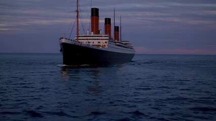 A majestic ship sails towards the horizon at sunset, captured from a low-angle view, evoking a cinematic video feel with its dramatic lighting.