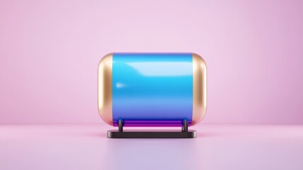 Blue and gold cylindrical object on a black stand against a pink background. Clean lines and smooth surfaces create a minimalist aesthetic.