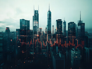 Modern Cityscape with Financial Data Overlay and Abstract Analysis