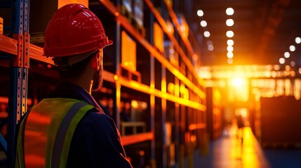 Fototapeta premium Warehouse Interior View of Worker with Red Hardhat and Reflective Vest