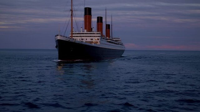 A majestic ship sails towards the horizon at sunset, captured from a low-angle view, evoking a cinematic video feel with its dramatic lighting.