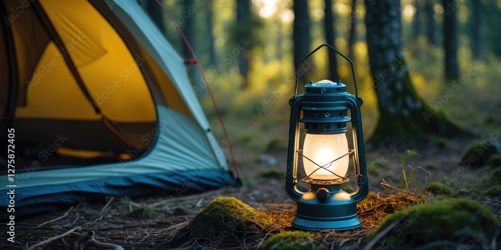 Poster camping lantern illuminated beside tent in serene forest setting with empty space for text display o