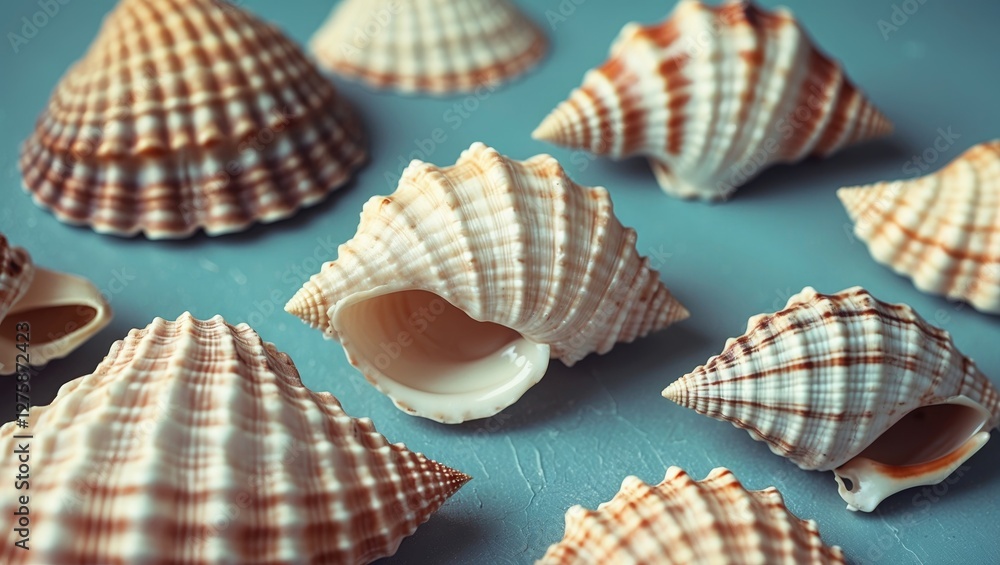 Poster seashells on soft blue background with copy space for text displaying natural patterns and texture p