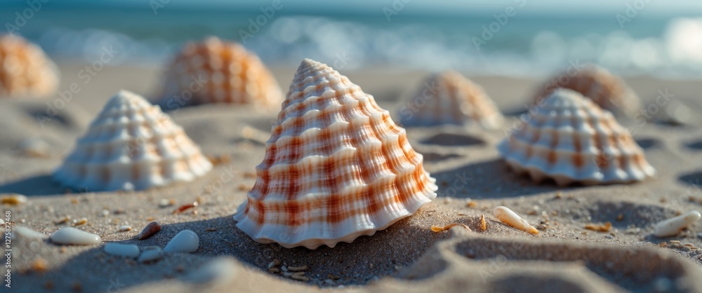 Poster elegant seashells on sandy beach with blurred background, ideal for summer themes and blank space fo