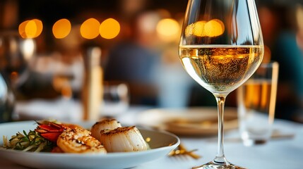 Exquisite dining experience featuring seared scallops and chilled white wine, bathed in soft light