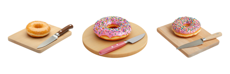 Donuts on Wooden Cutting Boards with Knives Isolated on transparent background