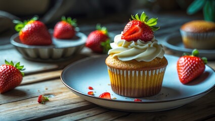 Delicious cupcake topped with fresh strawberry on a plate surrounded by more strawberries with wooden table texture and ample copy space.