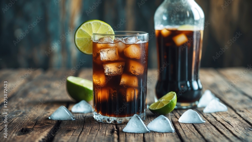 Poster refreshing rum and cola cocktail with ice and lime on rustic wooden table perfect for summer drinks 