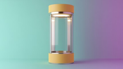 Cylindrical Glass Display Case on Teal and Purple Background