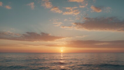 Naklejka premium Serene Sunrise Over Calm Ocean Waters With Expansive Sky Perfect For Text Overlay