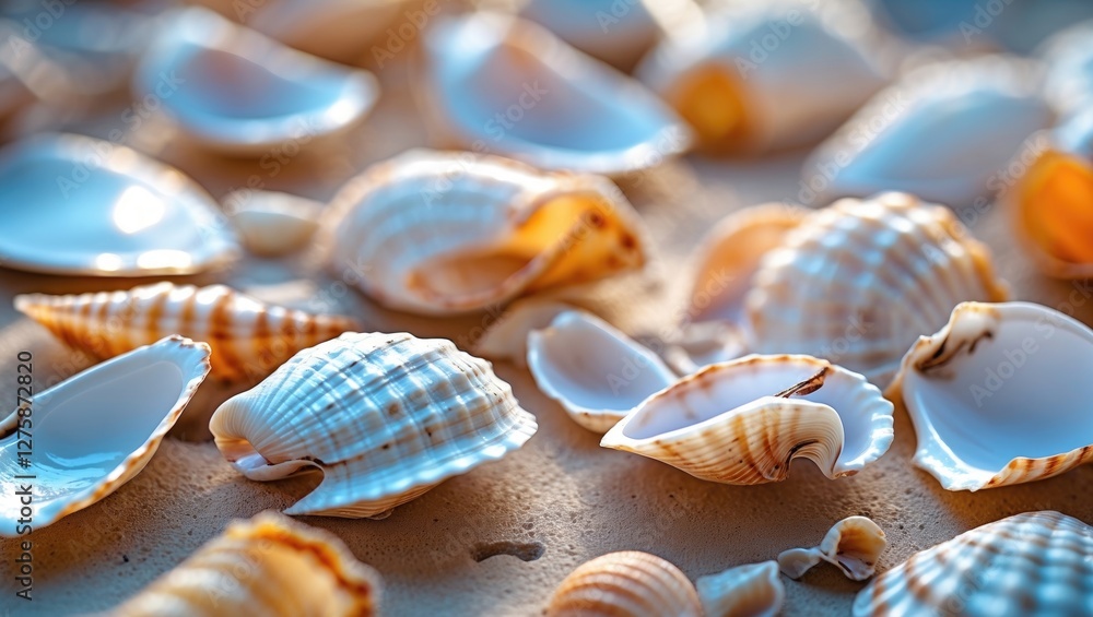 Poster delicate seashells arrangement on sandy background with blank space for text and minimalist artistic