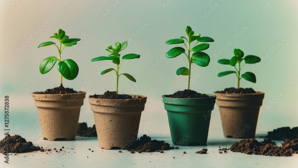 Poster green seedlings growing in peat pots with soil on light background and space for text or branding