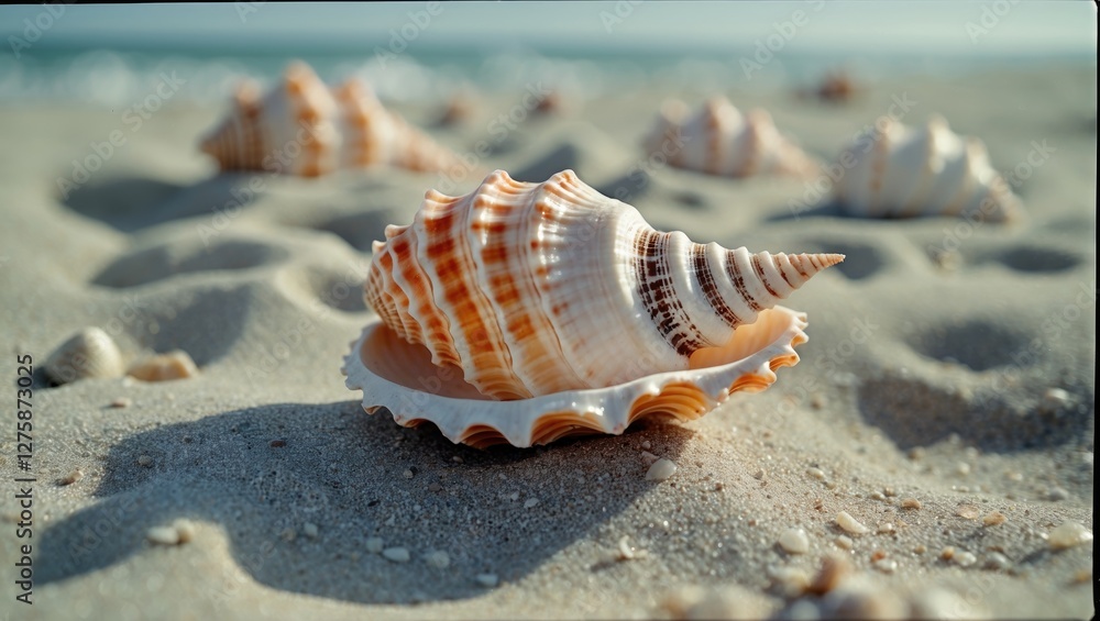 Aufkleber seashell on sandy beach with blurred background and empty space for text ideal for summer and travel