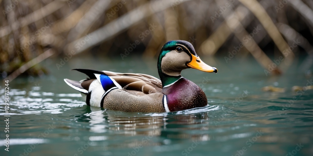 Poster mallard duck swimming in calm waters with blurred habitat background and ample space for custom text