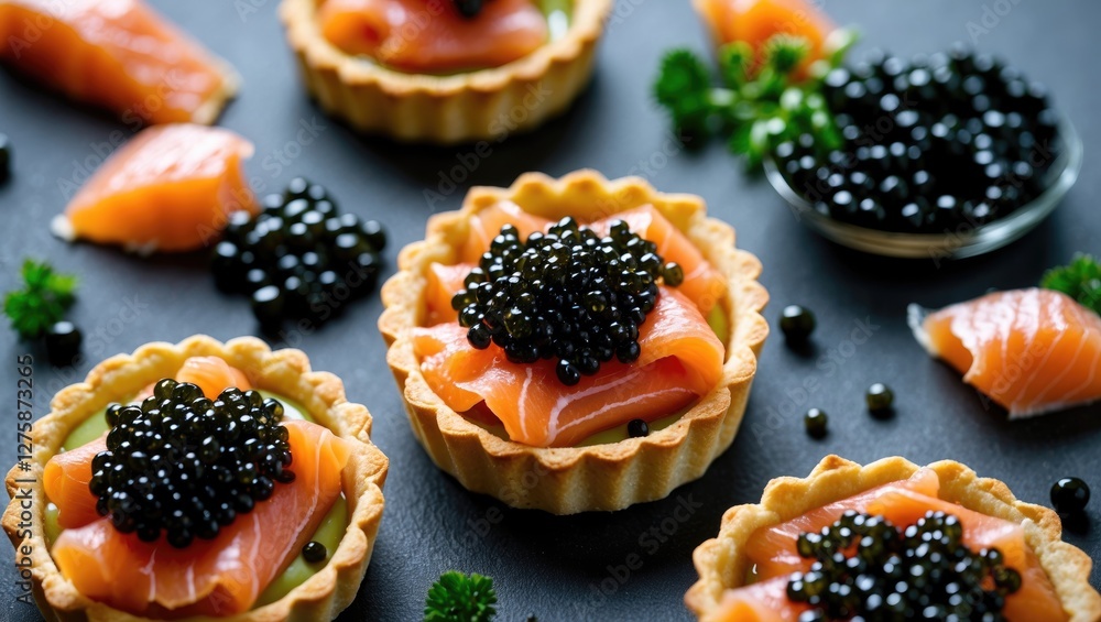 Poster elegant salmon and caviar tartlets on dark background with fresh herbs and empty space for text or p