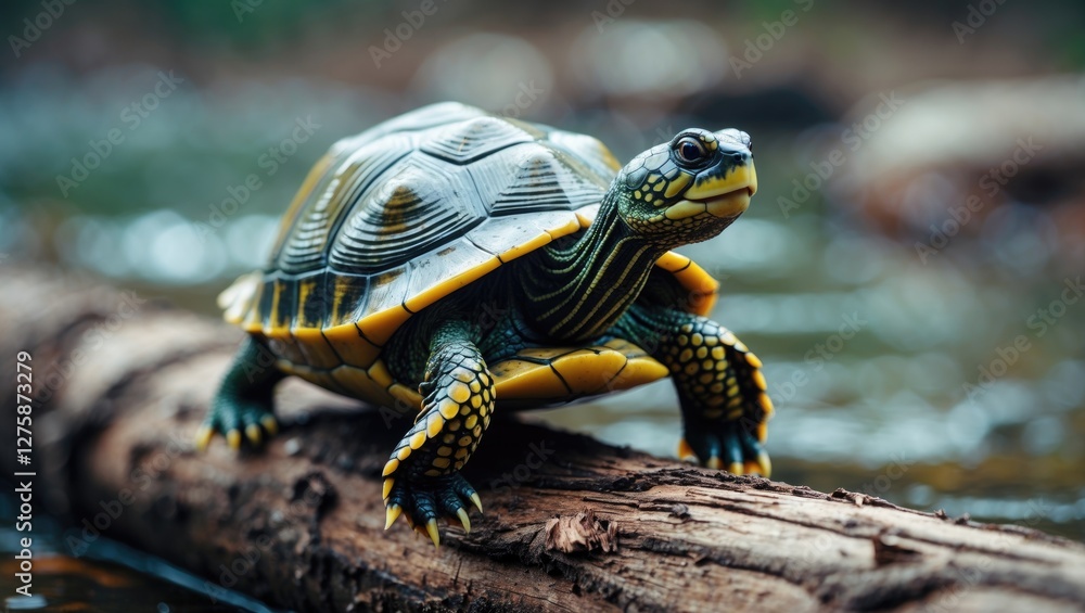 Poster colorful river turtle perched on log with soft focus background and blank space for text ideal for n
