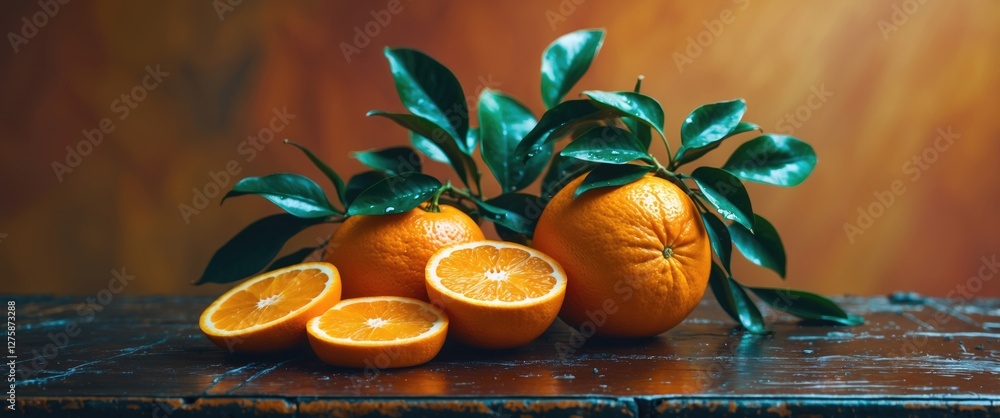 Poster fresh oranges and slices on rustic wooden table with green leaves and empty space for text in warm l