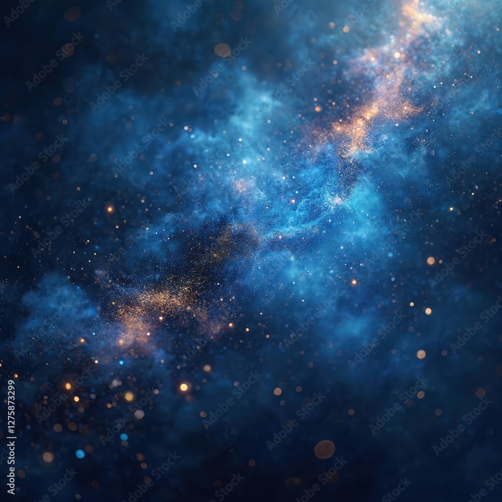 Poster abstract cosmic nebula background with deep blue and golden glitter texture. great design element wi