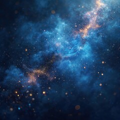 Fototapeta premium Abstract cosmic nebula background with deep blue and golden glitter texture. Great design element with space, stars, sparkle, bokeh effect. Luxurious festive celebration holiday shimmer.