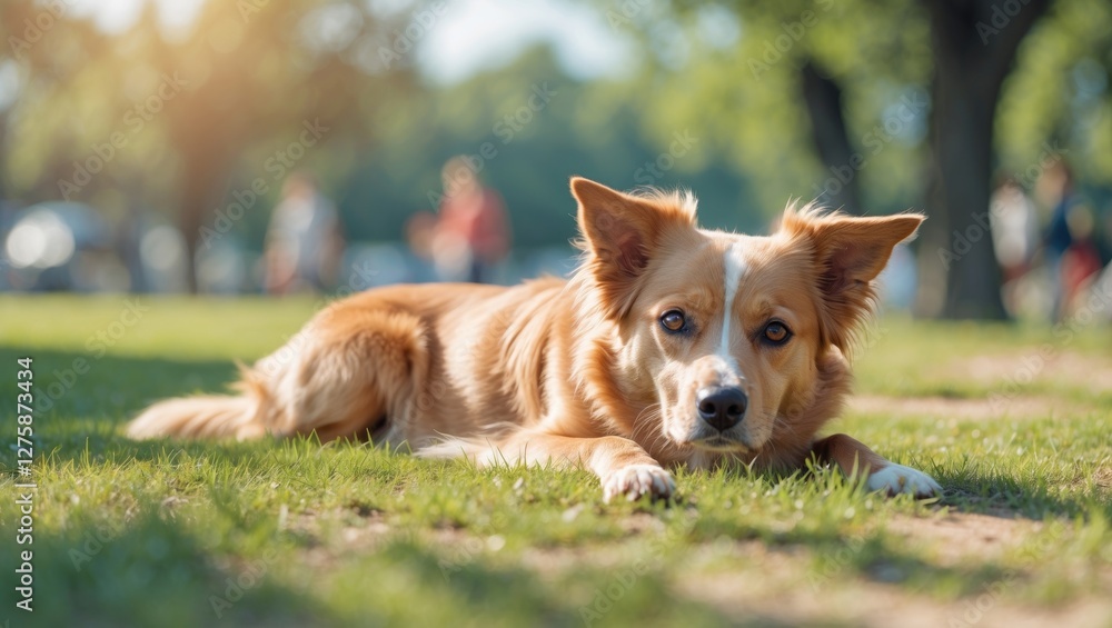 Poster golden-colored dog lying on grass in a park setting with a blurred background and ample empty space 