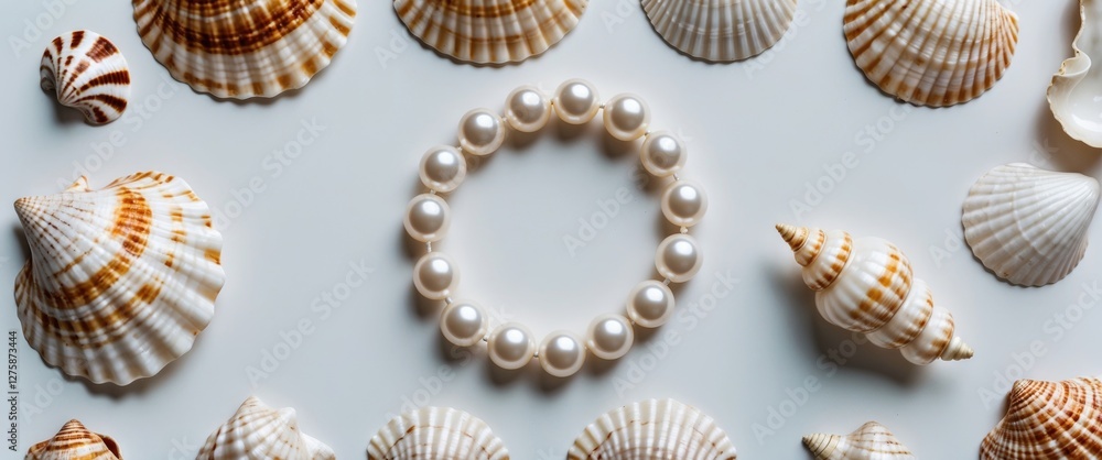Poster pearl beads surrounded by seashells on white background with space for text in vertical composition 