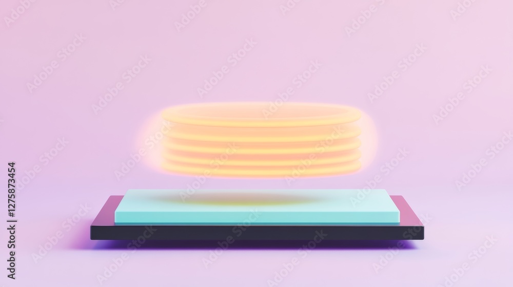 Aufkleber abstract 3d render of glowing orange disks levitating above a teal and black platform against a pale