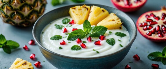 Pineapple Ananas Raita with Yogurt, Garnished with Mint and Pomegranate Seeds, Set Against a Colorful Background in Selective Focus.